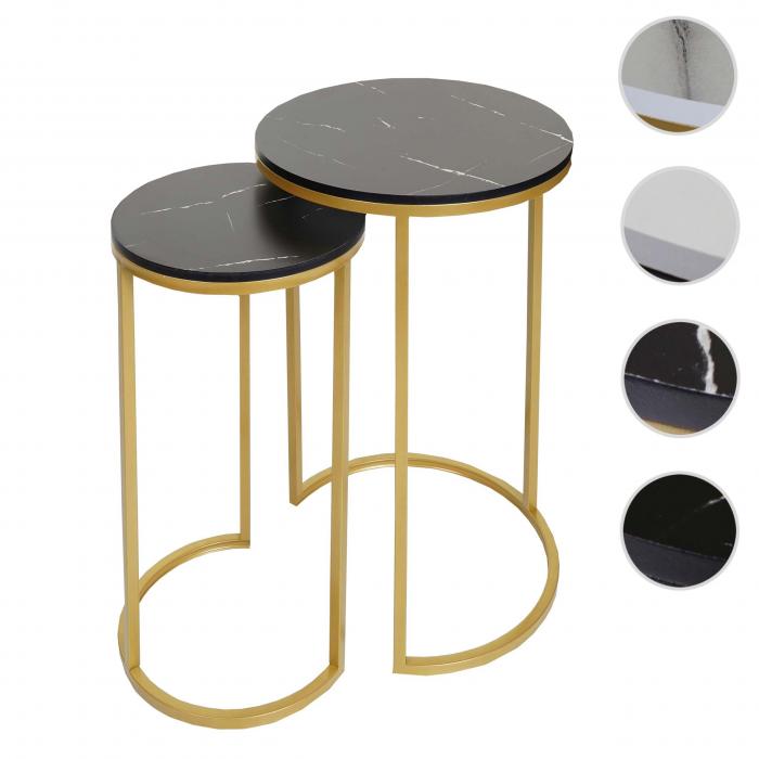 2er-Set Beistelltisch HWC-K46, Kaffeetisch Nachttisch Loungetisch, Marmor-Optik MVG-zertifiziert MDF ~ schwarz-gold