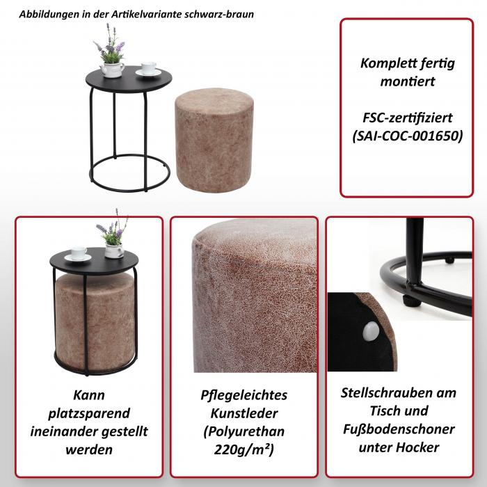 2er-Set Sitzhocker und Beistelltisch HWC-K48, Kaffeetisch Tisch Hocker, MVG-zertifiziert MDF Metall Kunstleder ~ braun