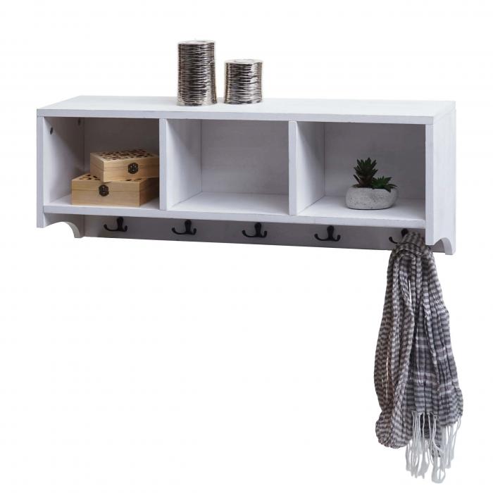 Wandregal HWC-K49, Garderobe Wandgarderobe Regal, 3 Staufcher 5 Haken 30x80x20cm Holz ~ wei, shabby