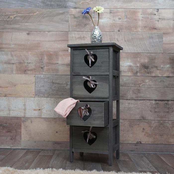 Kommode Forli, Schubladenkommode Schrank, 4 Schubladen mit Herzen 70x29x25cm, Shabby-Look, Vintage ~ grau-braun