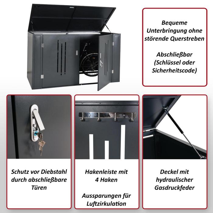 4er-Fahrradgarage HWC-K64, Gertehaus Fahrradbox mit Deckel, abschliebar Metall 121x202x150cm, anthrazit