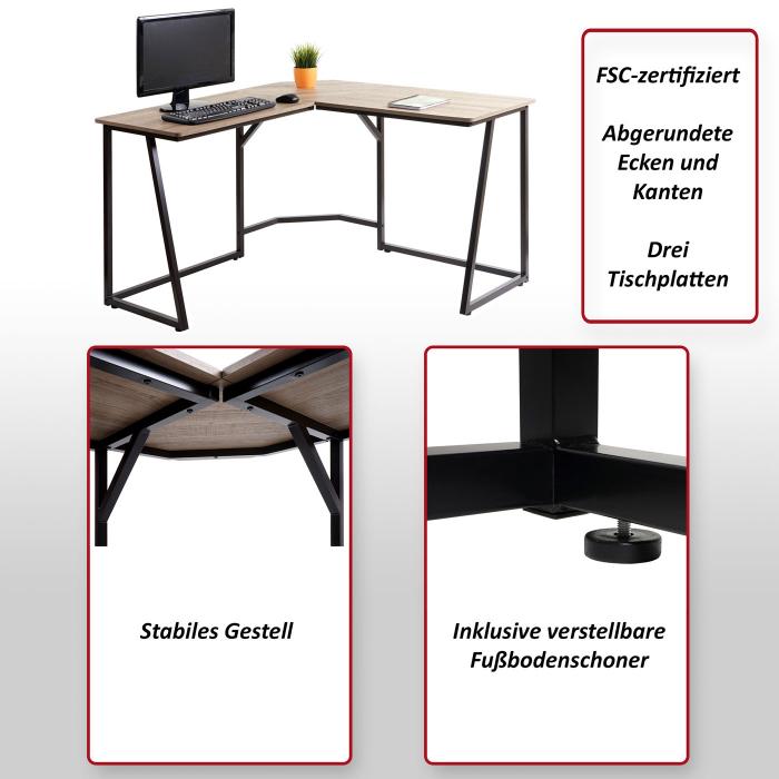 Eck-Schreibtisch HWC-K66, Computertisch Arbeitstisch, MVG-zertifiziert 76x125x125cm, MDF Metall ~ naturfarben
