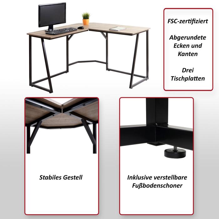 Eck-Schreibtisch HWC-K66, Computertisch Arbeitstisch, MVG-zertifiziert 76x175x100cm, MDF Metall ~ naturfarben