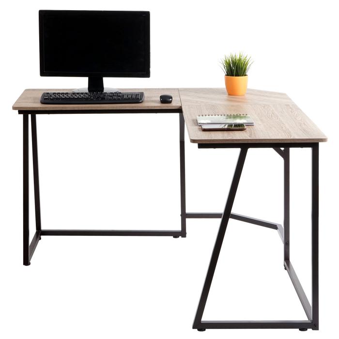 Eck-Schreibtisch HWC-K66, Computertisch Arbeitstisch, MVG-zertifiziert 76x175x100cm, MDF Metall ~ naturfarben