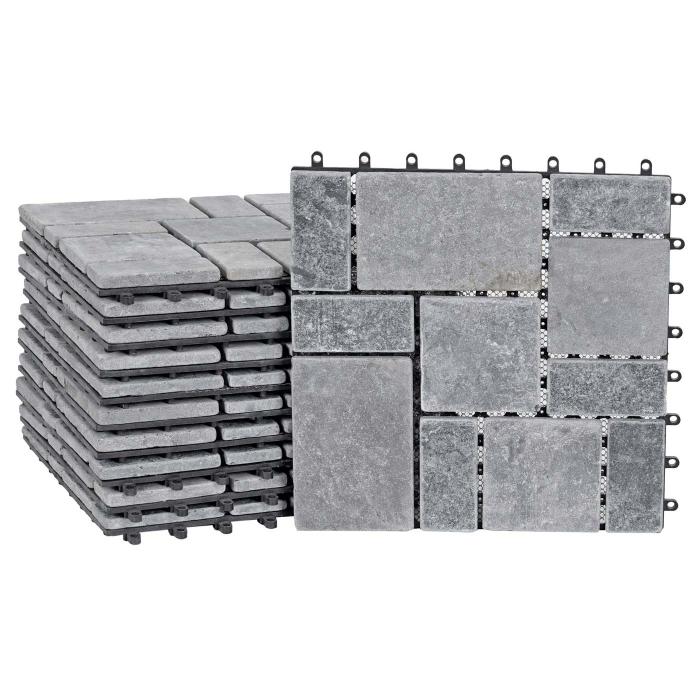 B-Ware (Kunststoff defekt/Klebereste SK6) | Steinfliese HWC-K70 Steckfliese Naturstein 11x je 30x30cm = 1m ~ dunkelgrau