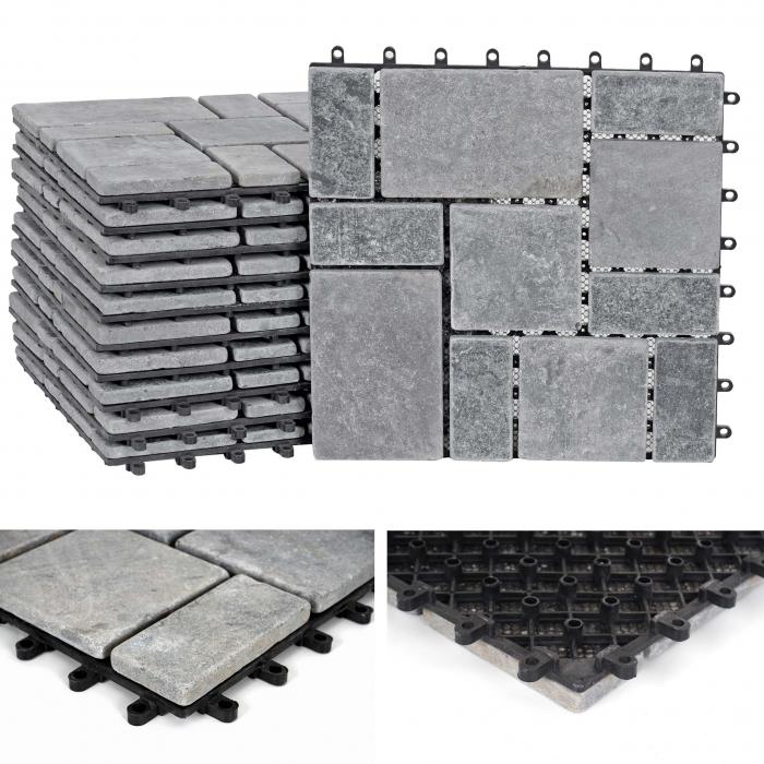 B-Ware (Kunststoff defekt/Klebereste SK6) | Steinfliese HWC-K70 Steckfliese Naturstein 11x je 30x30cm = 1m ~ dunkelgrau