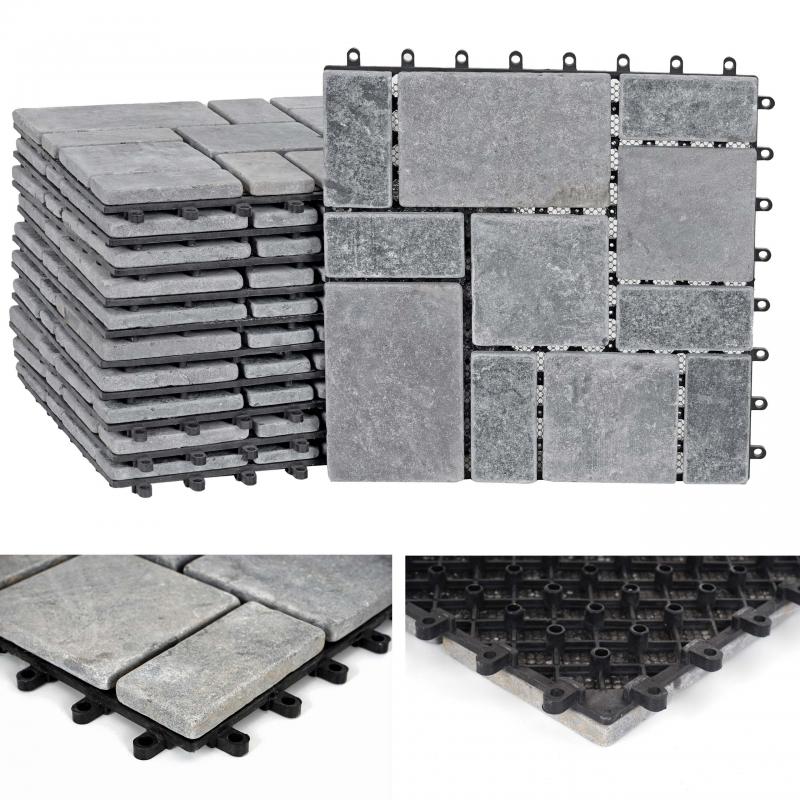 B-Ware (Kunststoff defekt/Klebereste SK6) | Steinfliese HWC-K70 Steckfliese Naturstein 11x je 30x30cm = 1m ~ dunkelgrau