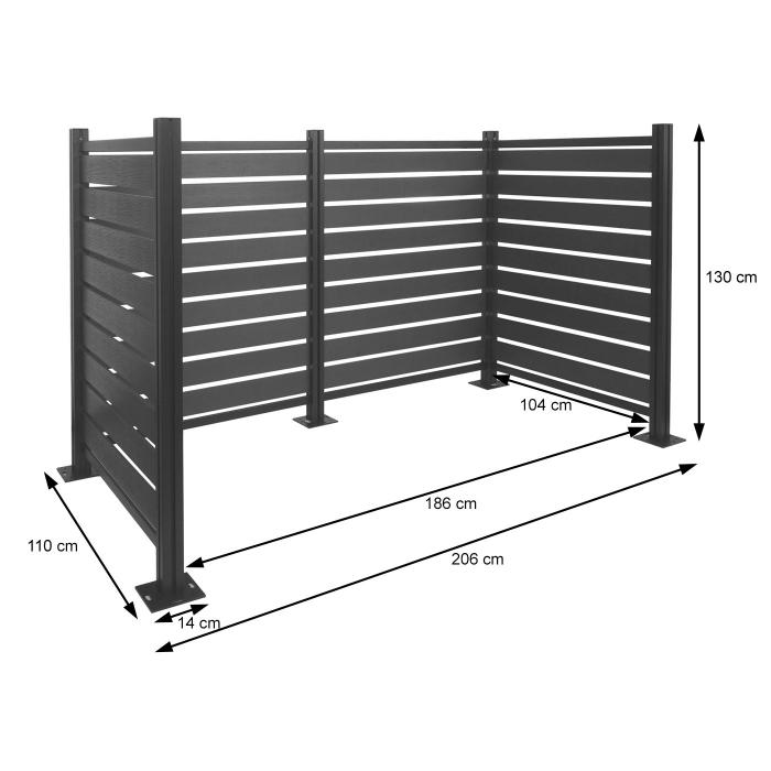 Alu Mlltonnen-Zaun HWC-K57, Mlltonnenverkleidung, Holzoptik erweiterbar 130x206x110cm ~ grau