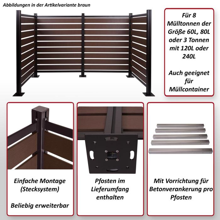 Alu Mlltonnen-Zaun HWC-K57, Mlltonnenverkleidung, Holzoptik erweiterbar 130x206x110cm ~ braun