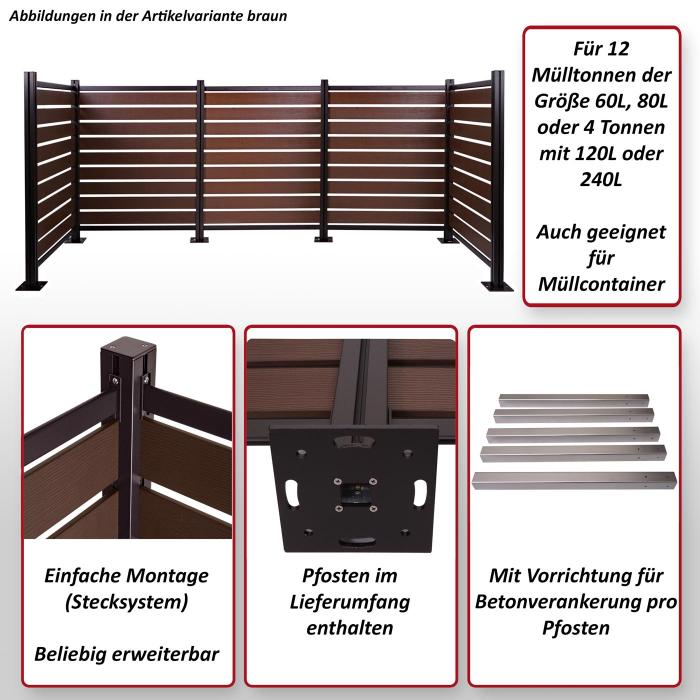 Alu Mlltonnen-Zaun HWC-K57, Mlltonnenverkleidung, Holzoptik erweiterbar 130x300x110cm ~ braun