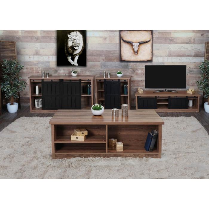 Wohnzimmerset aus TV-Rack, Sideboard, Kommode und Couchtisch HWC-K75, Schiebetr Staufcher, Industrial ~ braun
