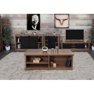 Wohnzimmerset aus TV-Rack, Sideboard, Kommode und Couchtisch HWC-K75, Schiebetr Staufcher, Industrial ~ braun