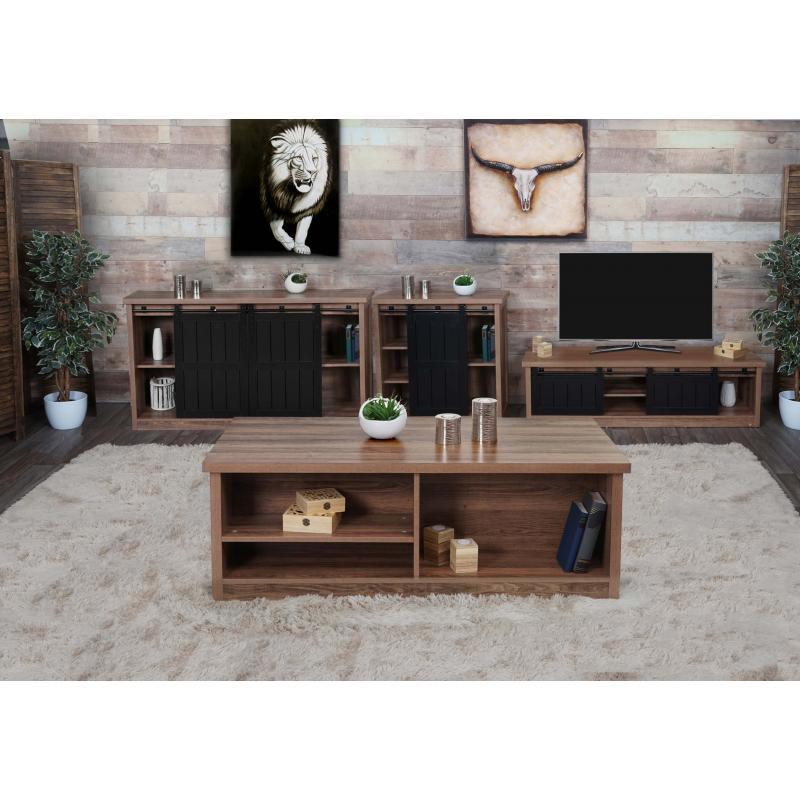 Wohnzimmerset aus TV-Rack, Sideboard, Kommode und Couchtisch HWC-K75, Schiebetr Staufcher, Industrial ~ braun