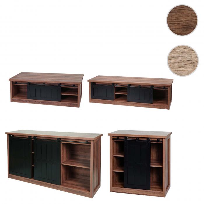 Wohnzimmerset aus TV-Rack, Sideboard, Kommode und Couchtisch HWC-K75, Schiebetr Staufcher, Industrial ~ braun