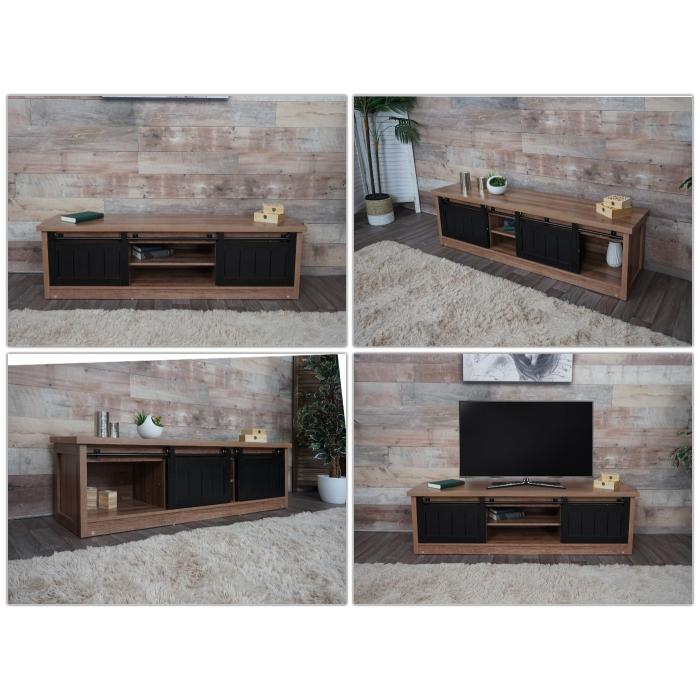 TV-Rack HWC-K75, Fernsehtisch TV-Board, Schiebetren Staufcher, Holz-Optik Industrial Metall 43x150x40cm ~ braun