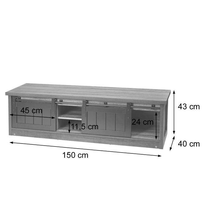 TV-Rack HWC-K75, Fernsehtisch TV-Board, Schiebetren Staufcher, Holz-Optik Industrial Metall 43x150x40cm ~ braun