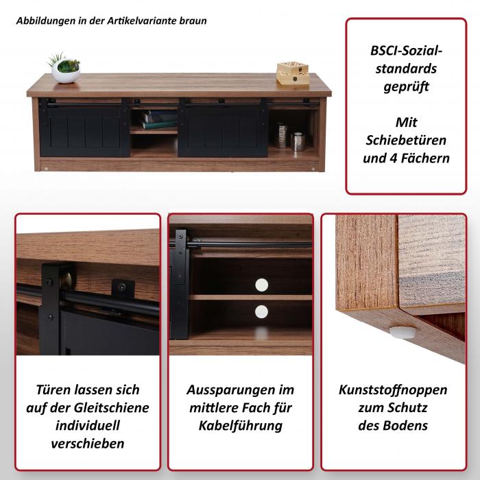 TV-Rack HWC-K75, Fernsehtisch TV-Board, Schiebetren Staufcher, Holz-Optik Industrial Metall 43x150x40cm ~ naturfarben