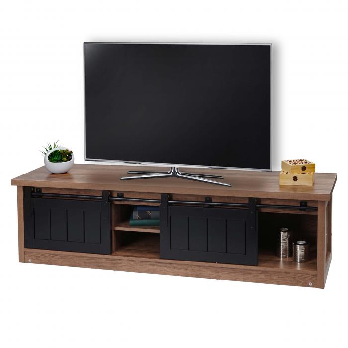 TV-Rack HWC-K75, Fernsehtisch TV-Board, Schiebetren Staufcher, Holz-Optik Industrial Metall 43x150x40cm ~ braun