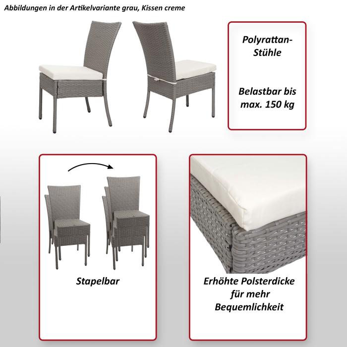 2er-Set Poly-Rattan Stuhl HWC-G19, Balkonstuhl Gartenstuhl, stapelbar ~ grau-braun, Kissen dunkelgrau