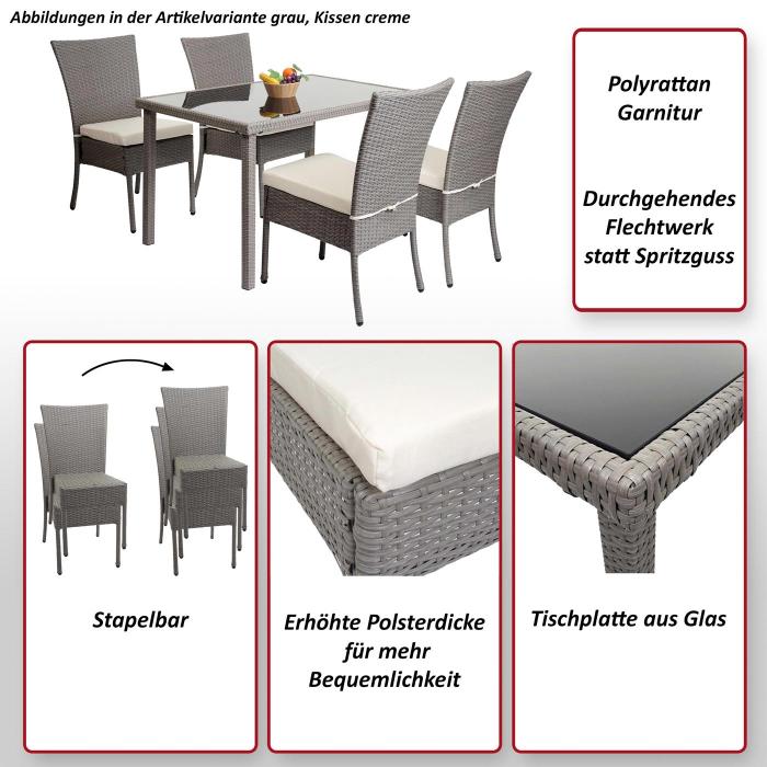 Poly-Rattan Garnitur HWC-G19, Sitzgruppe Balkon-/Lounge-Set, 4xStuhl+Tisch, 120x75cm ~ braun, Kissen creme