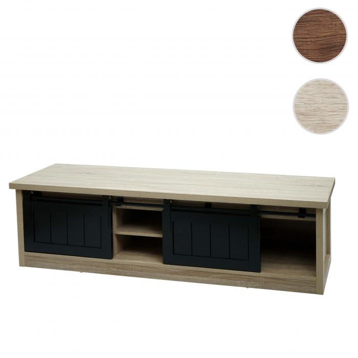 TV-Rack HWC-K75, Fernsehtisch TV-Board, Schiebetren Staufcher, Holz-Optik Industrial Metall 43x150x40cm ~ naturfarben