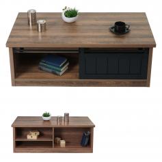 Couchtisch HWC-K75, Beistelltisch, Schiebetre 6 Staufcher, Holz-Optik Industrial Metall 44x120x60cm ~ braun