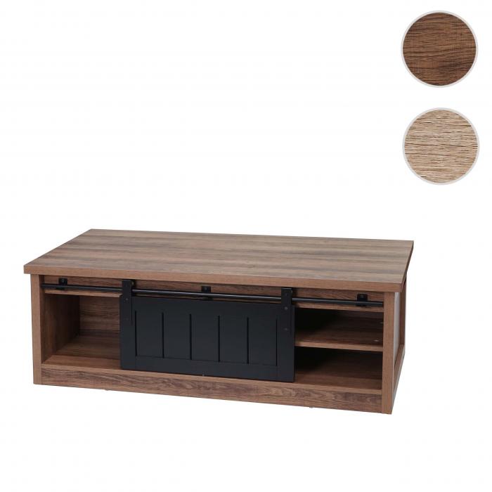 Couchtisch HWC-K75, Beistelltisch Wohnzimmertisch, Schiebetre 6 Staufcher, Holz-Optik Metall 44x120x60cm ~ braun