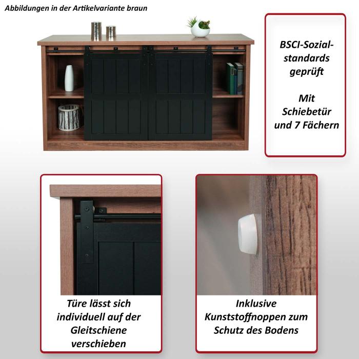 Sideboard HWC-K75, Highboard Regal Schrank, Schiebetre 7 Fcher, Holz-Optik Industrial Metall 84x150x40cm ~ braun