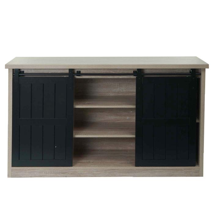 Sideboard HWC-K75, Highboard Regal Schrank, Schiebetre 7 Fcher, Holz-Optik Industrial Metall 84x150x40cm ~ naturfarben