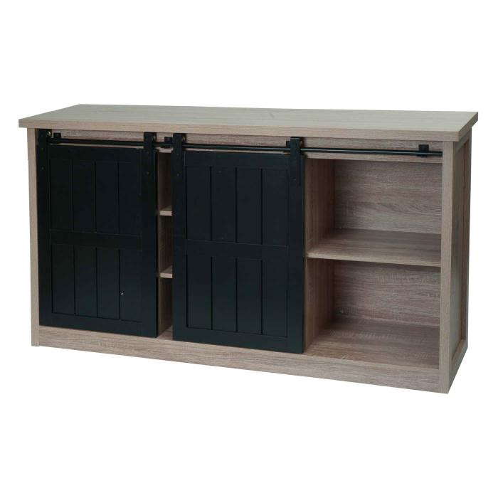 Sideboard HWC-K75, Highboard Regal Schrank, Schiebetre 7 Fcher, Holz-Optik Industrial Metall 84x150x40cm ~ naturfarben