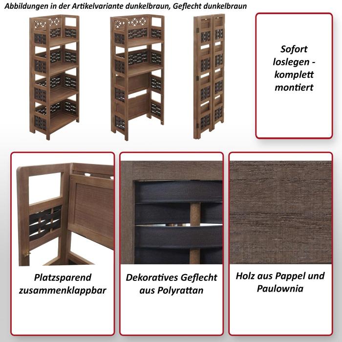 Regal HWC-K86, Standregal Wohnregal, klappbar 4 Ablagen, Holz 110cm ~ wei, Geflecht grau