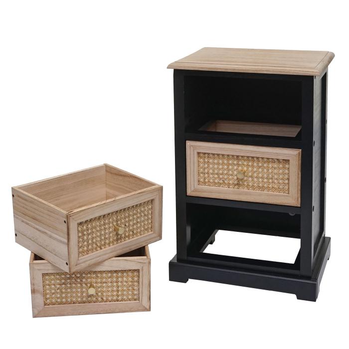 Kommode HWC-K87, Schubladenschrank Schrank, Holz Rattan 63x40x28cm ~ schwarz, naturfarben