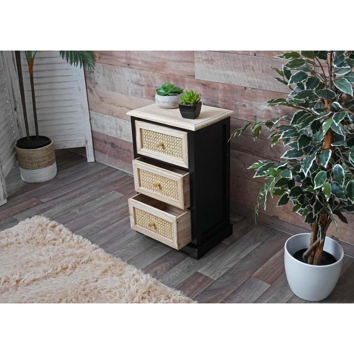 Kommode HWC-K87, Schubladenschrank Schrank, Holz Rattan 63x40x28cm ~ schwarz, naturfarben