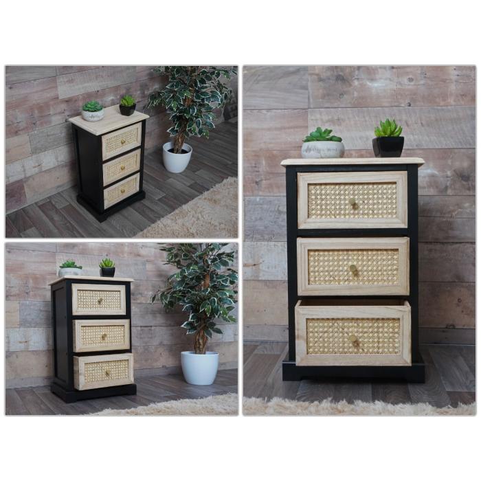 Kommode HWC-K87, Schubladenschrank Schrank, Holz Rattan 63x40x28cm ~ schwarz, naturfarben