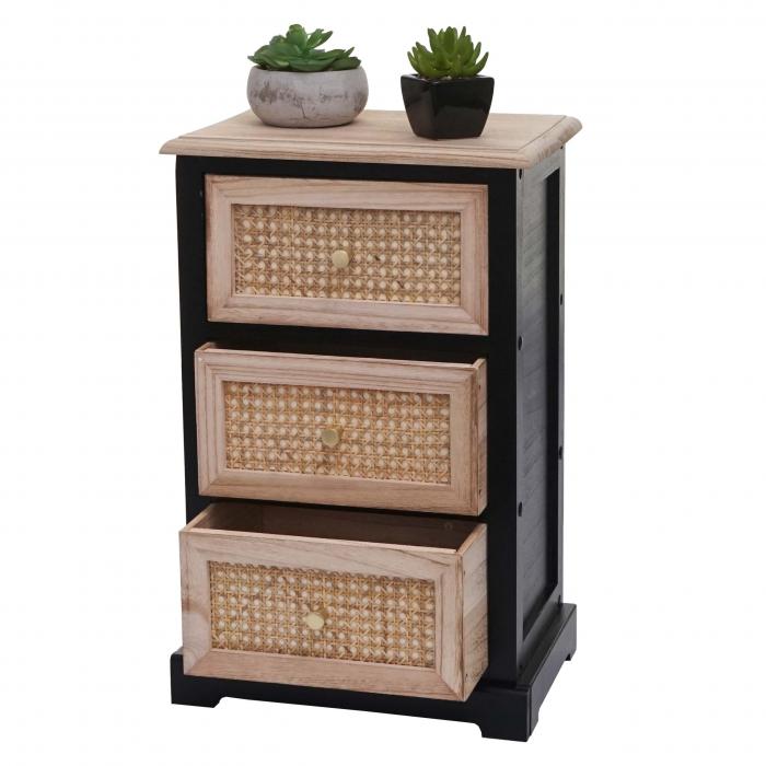 Kommode HWC-K87, Schubladenschrank Schrank, Holz Rattan 63x40x28cm ~ schwarz, naturfarben