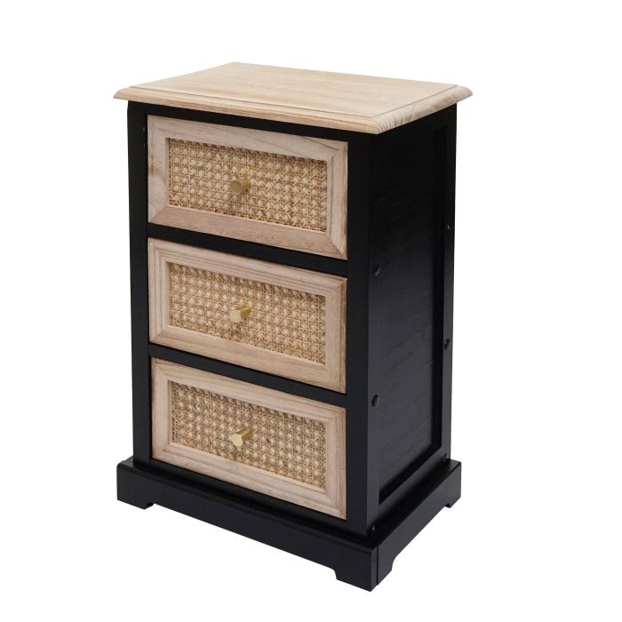 Kommode HWC-K87, Schubladenschrank Schrank, Holz Rattan 63x40x28cm ~ schwarz, naturfarben