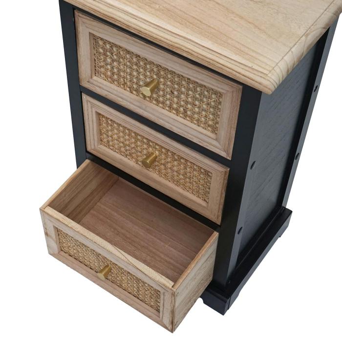 Kommode HWC-K87, Schubladenschrank Schrank, Holz Rattan 63x40x28cm ~ schwarz, naturfarben