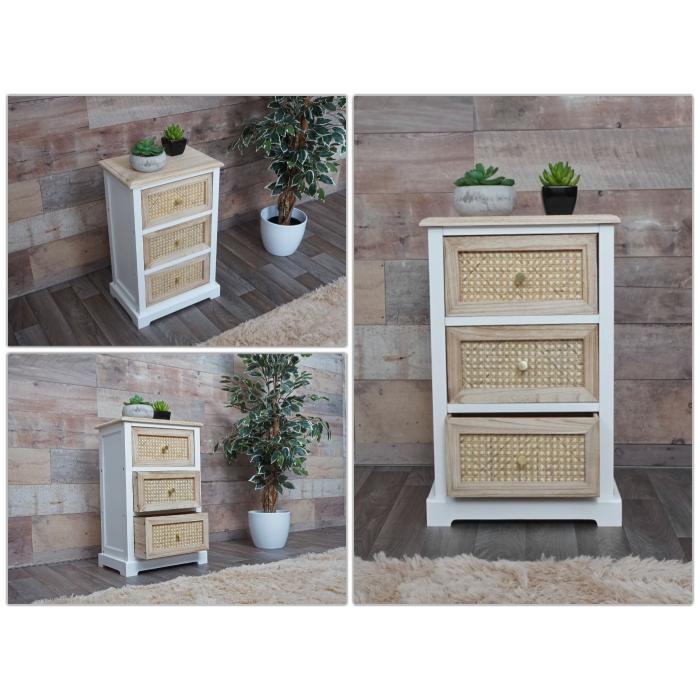 Kommode HWC-K87, Schubladenschrank Schrank, Holz Rattan 63x40x28cm ~ wei, naturfarben