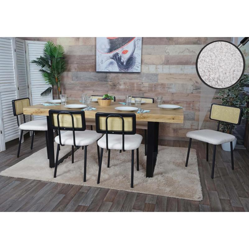 6er-Set Esszimmerstuhl HWC-K88, Lehnstuhl Stuhl, Holz Poly-Rattan Metall Boucl ~ Stoff/Textil wei