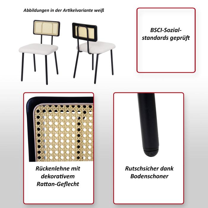 2er-Set Esszimmerstuhl HWC-K88, Lehnstuhl Stuhl, Holz Poly-Rattan Metall Boucl ~ Stoff/Textil schwarz