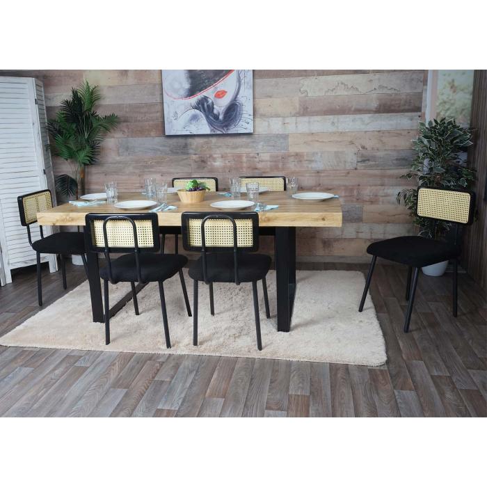 6er-Set Esszimmerstuhl HWC-K88, Lehnstuhl Stuhl, Holz Poly-Rattan Metall Boucl ~ Stoff/Textil schwarz