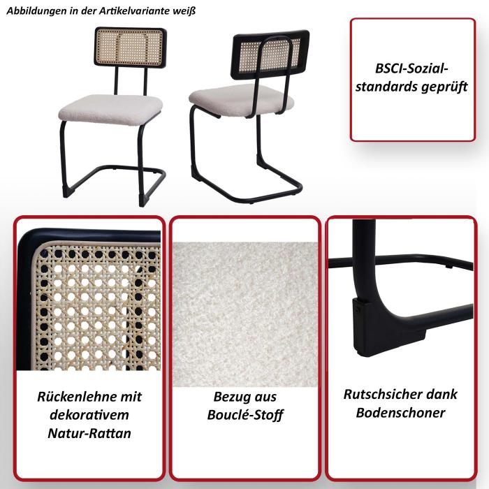 2er-Set Freischwinger-Stuhl HWC-K88, Stuhl Lehnstuhl, Holz Rattan Metall Boucl ~ Stoff/Textil schwarz