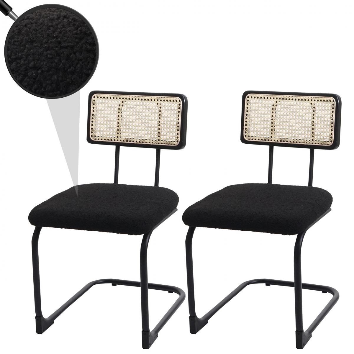 2er-Set Freischwinger-Stuhl HWC-K88, Stuhl Lehnstuhl, Holz Rattan Metall Boucl ~ Stoff/Textil schwarz