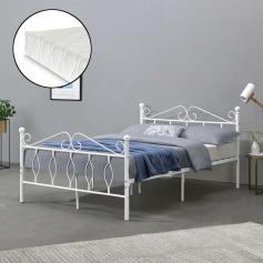 Metallbett HLO-PX237 140x200 cm Jugendbett mit Kaltschaummatratze bis 300kg ~ Weiß