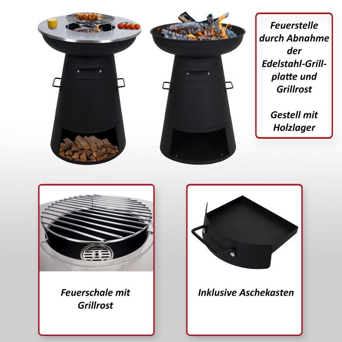 Feuerschale mit Grill HWC-K96, Feuerstelle Feuerkorb BBQ, Grillrost Grillplatte, Stahl Edelstahl  58cm schwarz