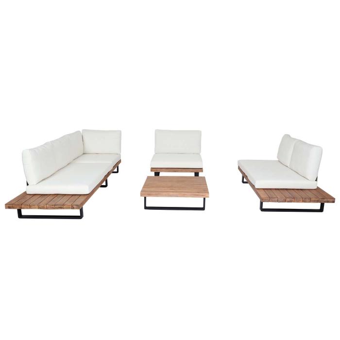 Garten-Garnitur mit Sessel HWC-H54, Lounge-Set Sofa, Spun Poly Akazie Holz MVG Aluminium ~ hellbraun, Polster cremewei