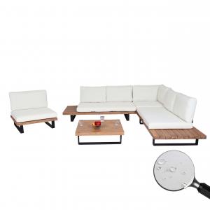 Garten-Garnitur mit Sessel HWC-H54, Lounge-Set Sofa, Spun Poly Akazie Holz MVG Aluminium ~ hellbraun, Polster cremewei