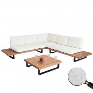 Garten-Garnitur HWC-H54, Garnitur Sitzgruppe Lounge-Set, Spun Poly Akazie Holz FSC® Alu ~ hellbraun, Polster cremeweiß