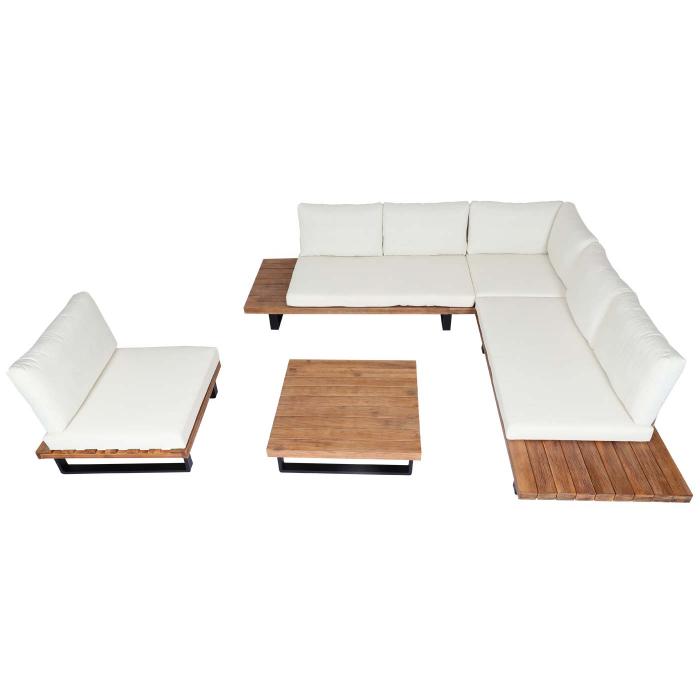 Garten-Garnitur mit Sessel HWC-H54, Lounge-Set Sofa, Spun Poly Akazie Holz MVG Aluminium ~ hellbraun, Polster cremewei