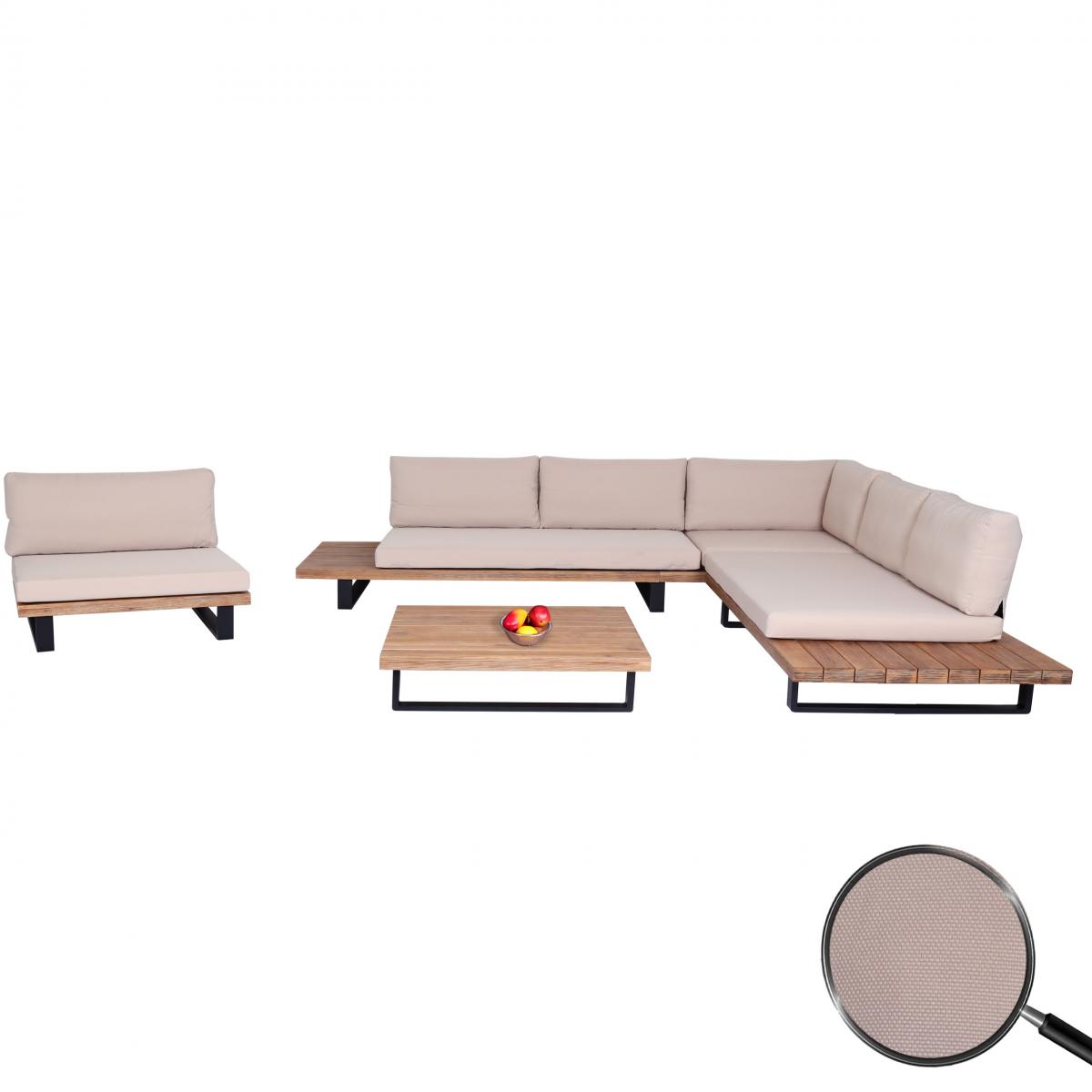 Garten-Garnitur mit Sessel HWC-H54, Lounge-Set Sofa, Spun Poly Akazie Holz FSC Aluminium ~ hellbraun, Polster beige